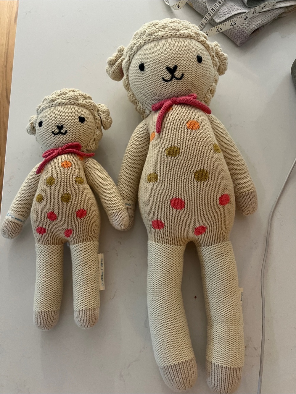 Cream Knit Polka-Dot Lamb Plush with Pink Bow